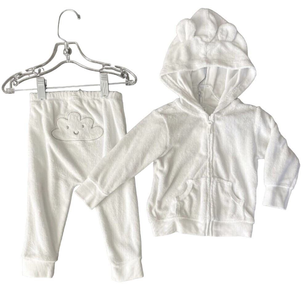White Terry Ears Hoodie Jacket With Cloud Bottom Pants